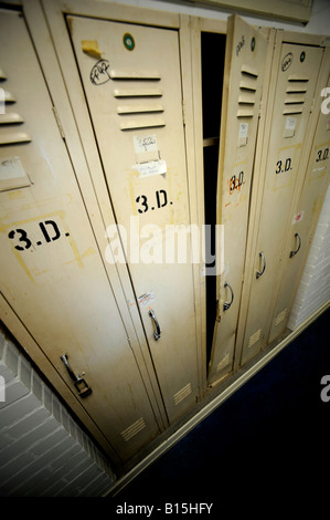 Damaged student lockers in a university corridor. Picture by Jim Holden. Stock Photo