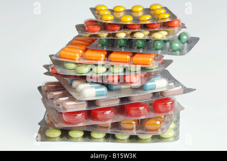 Several tablets and capsules in blister packs, close-up Stock Photo