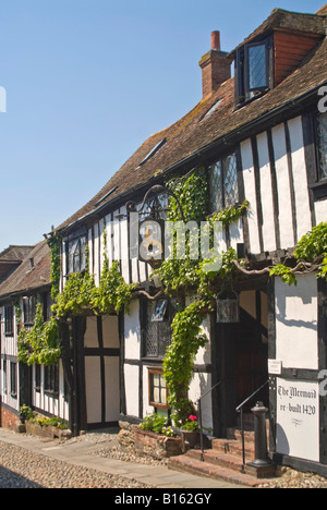 Vertical wide angle view of the traditional Tudor cottages along a cobbled street in Rye on a bright sunny day. Stock Photo