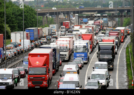 Gridlock with stationary traffic at the M5 and M6 Junction in the West Midlands, as rush hour starts at the start of the Holiday Stock Photo