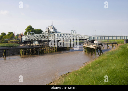 Crosskeys swing bridge crossing the River Nene at Sutton Bridge in Lincolnshire, UK Stock Photo