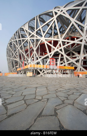 Vertical detail view of the Beijing National Stadium also known as the Bird's Nest for its architecture. Stock Photo