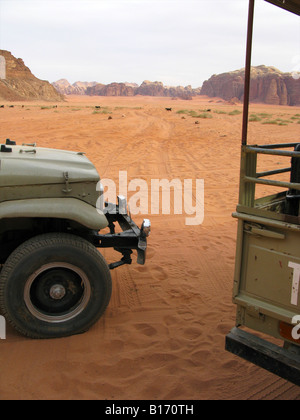 Two Jeeps in the Wadi Rum desert, Jordan Stock Photo