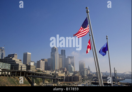 An overview of the Seattle Washington skyline from the waterfront area downtown Stock Photo