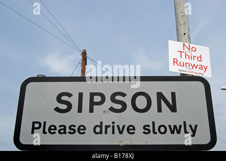 black and white sign for the village of sipson, threatened by the expansion of london's heathrow airport Stock Photo