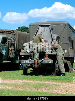 american solders working on a truck at D-day reenactment lepe beach,hampshire Stock Photo