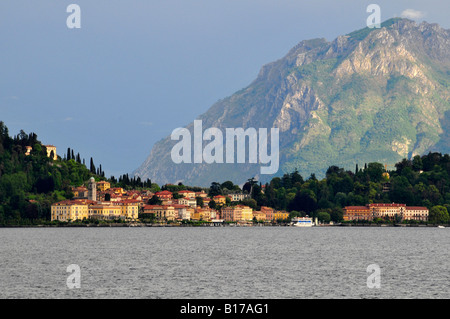 A landscape scene taken from the lake approaching this lovely Italian town Bellagio on the shores of Lake Como in the summer Stock Photo