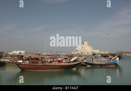 View across the dhow harbour towards the Museum of Islamic Art in Doha,Qatar, build by the architect I.M.Pei.