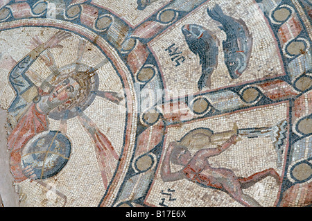 Segment of ancient zodiac mosaic floor showing the Sun god, Helios belonging to the Hammat Tiberias Synagogue on the outskirts of Tiberias in Israel Stock Photo