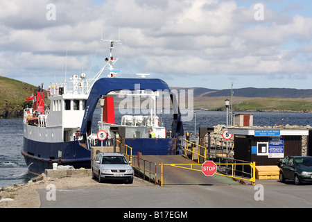 The ferry Thora which sails between the islands of Yell and Unst, pictured at the Gutcher terminal on Yell, Shetland, UK