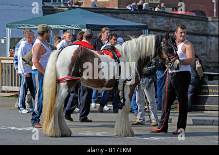 Gypsy traveller horse dealers and spectators at Appleby Horse Fair. Appleby-in-Westmorland, Cumbria, England, United Kingdom. Stock Photo