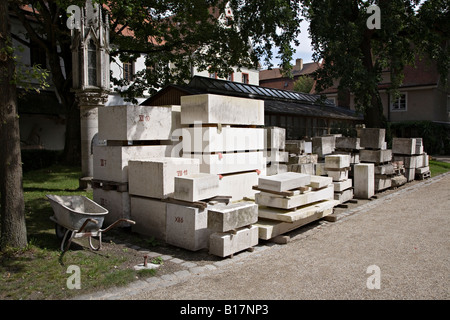 Dressed and numbered stone for cathedral rebuilding renovation Regensburg Germany Stock Photo
