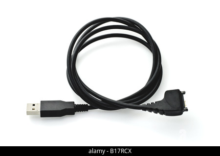 Black USB data cable for mobile phone on white background Stock Photo