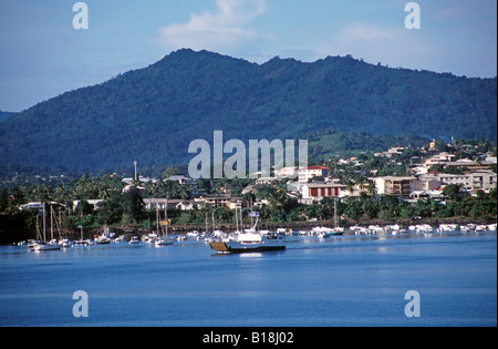 Mamoudzou town, Grande Terre island, from the sea Mayotte islands, with Dzaoudzi ferry Stock Photo