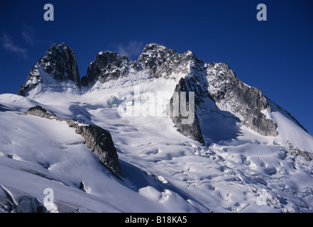 The three summits of the Howser Towers above the Vowell Glacier Purcell Mountains Bugaboo Glacier Provincial Park, British Colum Stock Photo
