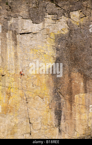 Woman climbing Wings of Desire, Great White Wall. Skaha Bluffs. Penticton, British Columbia, Canada. Stock Photo