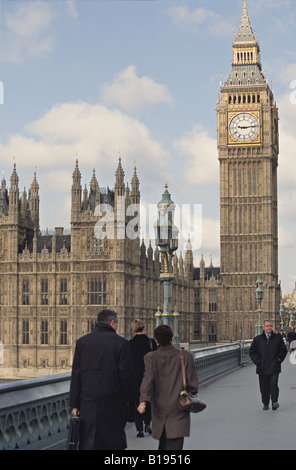 GREAT BRITAIN London Pedestrians on Westminster Bridge Big Ben clock tower Palace of Westminster Stock Photo