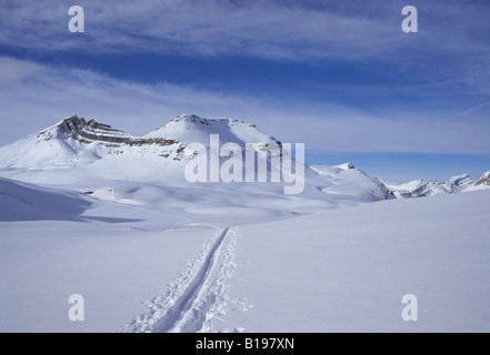 Ski tracks heading along the Dolomite Traverse in the Rocky mountains, Banff National Park, Alberta, Canada. Stock Photo