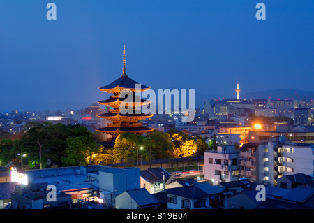 city skyline with Toji temple glowing in the evening Kyoto Japan Stock Photo