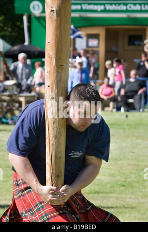 Man tossing the Caber, athlete, athletic, attire, caber toss, clan, clothing, competition at Strathmore Highland Games and Gathering,  Scotland UK Stock Photo