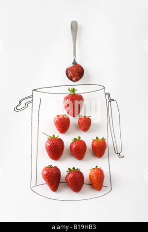 Making jam, real strawberries on drawing of jar Stock Photo