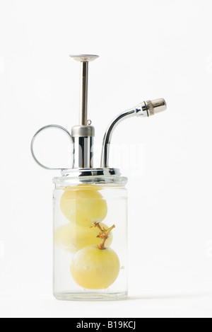 Spray bottle with white grapes inside Stock Photo