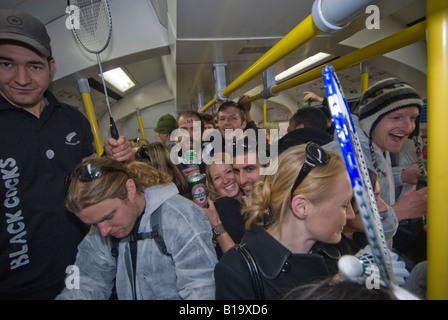 New Zealanders partying in an underground train carriage during the Waitangi Day Circle Line pub crawl, London Stock Photo