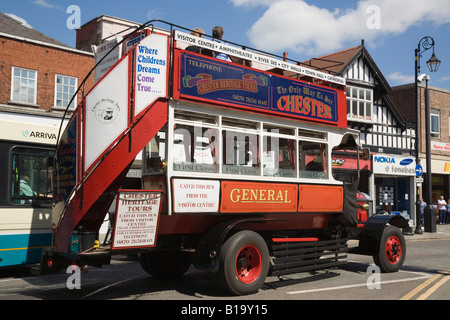 Vintage open top red double decker tourist bus for city centre heritage sightseeing tour. Chester Cheshire England UK Stock Photo