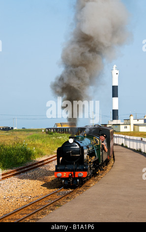 A steam locomotive of the Romney Hythe and Dymchurch Light Railway arriving at the station. Stock Photo