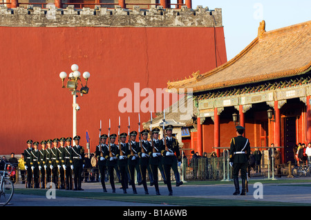 military soldiers drill marching outside the Forbidden City Palace Museum Unesco World Heritage Site Beijing China Stock Photo
