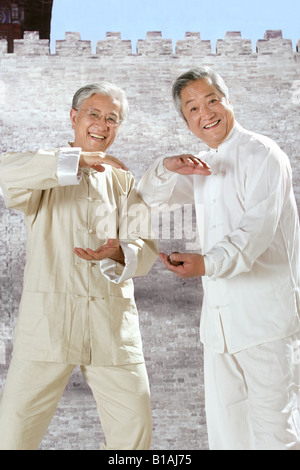 two oriental senior adults doing taijiquan Stock Photo