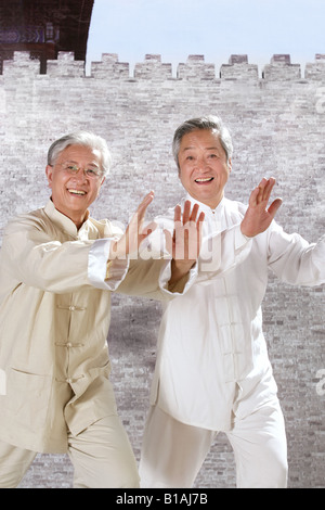 two oriental senior adults doing taijiquan Stock Photo