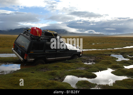 jeep in swamp,Qinghai,China Stock Photo