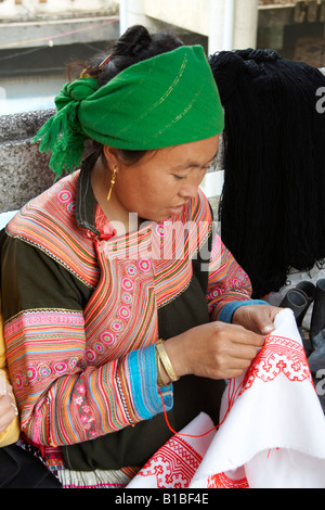 Woman from the Flower Hmong hill tribe , Coc Li Market, Vietnam Stock Photo