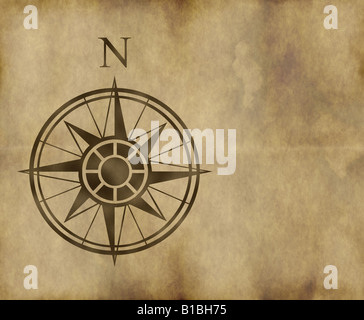 great north arrow and compass on old parchment map with copy space Stock Photo