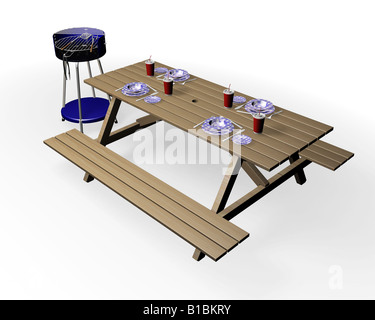 3D render of barbecue and wooden bench with crockery and cutlery Stock Photo