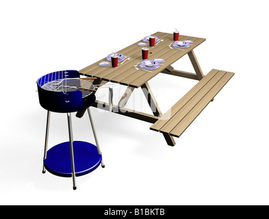 3D render of a barbecue and a wooden bench with cutlery and crockery Stock Photo