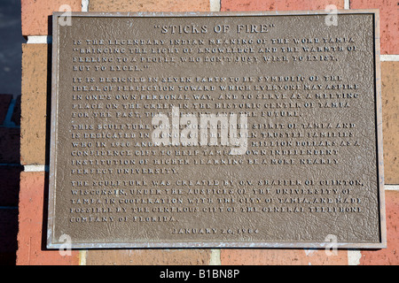 Plaque on the Sticks of Fire art sculpture on the University of Tampa campus in downtown Tampa, Florida Stock Photo