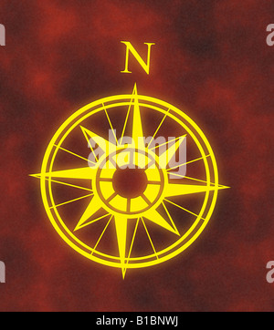 great glowing north arrow and compass on hot red background Stock Photo