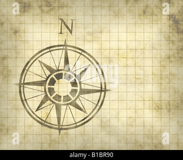 great north arrow and compass on old parchment map with copy space Stock Photo