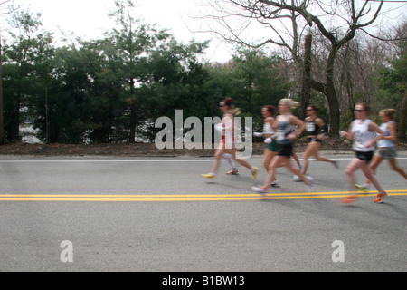 Women's elite runners leading the pack at the 2008 Boston Marathon, motion blurred. 21 April 2008, Hopkinton, Massachusetts. Stock Photo