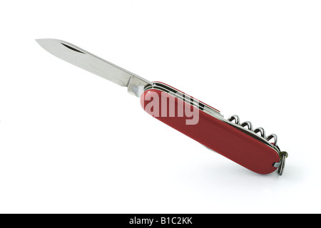 Red Swiss army pocket knife on white background Stock Photo