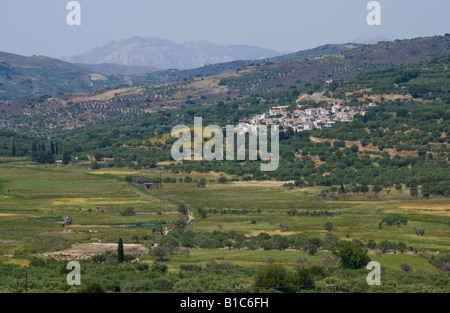 View over olive groves from village of Ano Viannos on southern slopes of Dikti mountain on Greek Mediterranean island of Crete Stock Photo