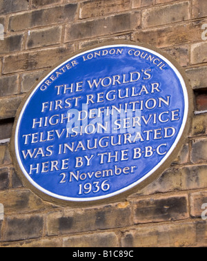 Blue plaque commemorating the birthplace of television, Alexandra Palace London England UK Stock Photo