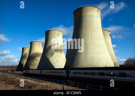 An East Midlands Trains High Speed Train passes the cooling towers of E.ON Ratcliffe on Soar coal fired power station
