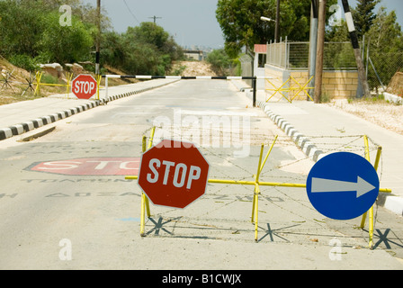 Stop Sign at the Green Line Preventing Traffic Entering the Turkish Occupied Territory Famagusta Cyprus Stock Photo