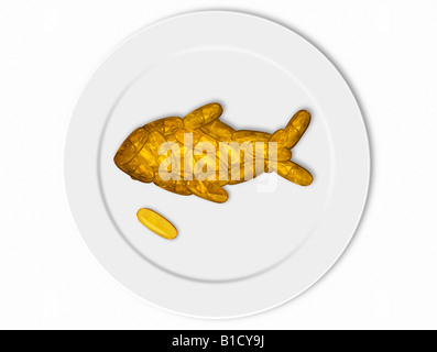 Fish Oil Capsules arranged in to a fish shape on a Plate, Concept Image Stock Photo