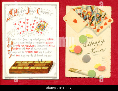 Two Victorian greetings cards featuring playing cards and games circa 1890 Stock Photo