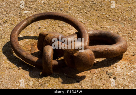 A metal mooring ring and bow shackle on a harbour quayside. Stock Photo