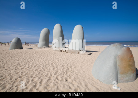 Hand of a drowning man sculpture in Playa Brava beach Punta del Este Uruguay Stock Photo
